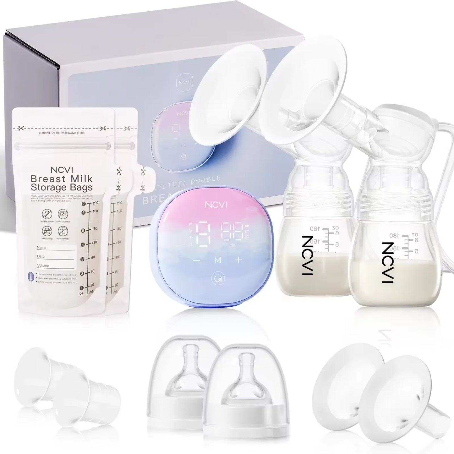 NCVI Double Electric Breast Pump – Portable, 4 Modes, 9 Levels, LED Display + 10 Breastmilk Storage Bags 🍼💖
