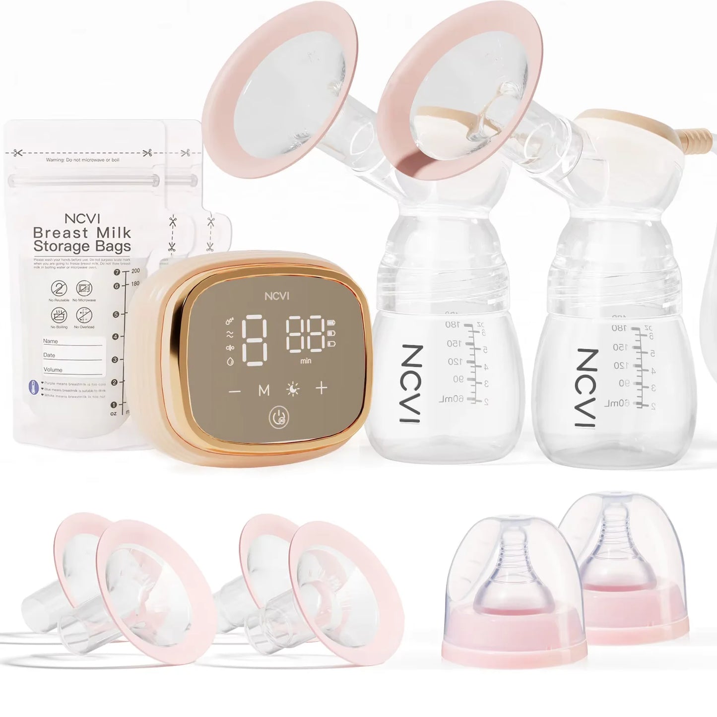NCVI Double Electric Breast Pump – Portable, 4 Modes, 9 Levels, LED Display + 10 Breastmilk Storage Bags 🍼💖