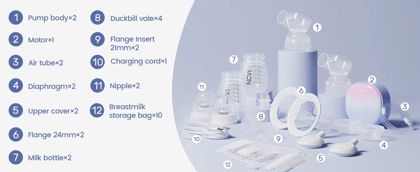NCVI Double Electric Breast Pump – Portable, 4 Modes, 9 Levels, LED Display + 10 Breastmilk Storage Bags 🍼💖
